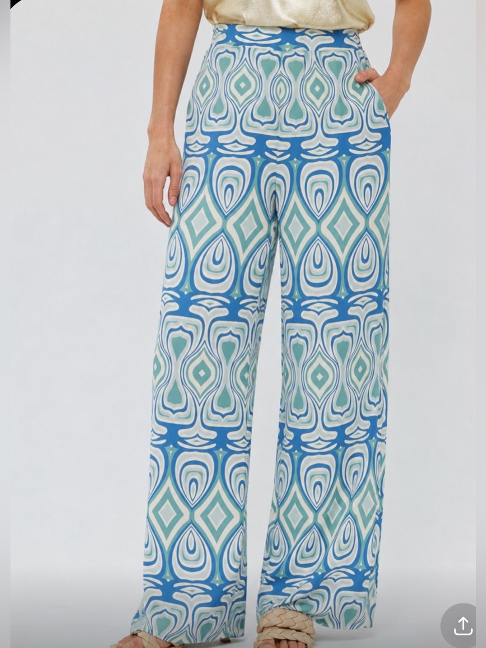 ESQUALO Wide Leg Pant Flowt Trouser blue white Geometric print sz 12 New